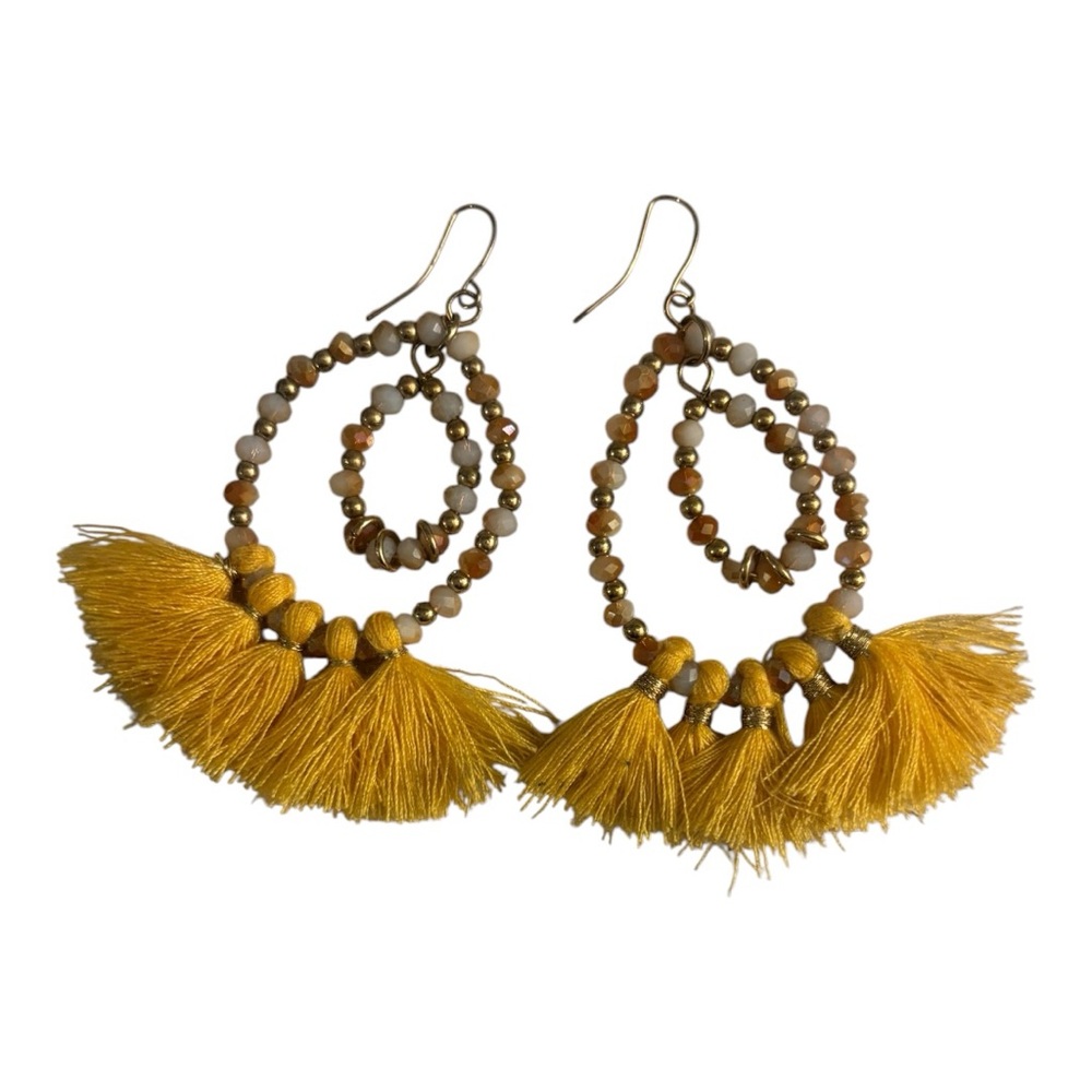 Elegant Gold Beaded Yellow Tassel Bohemian Earrings
